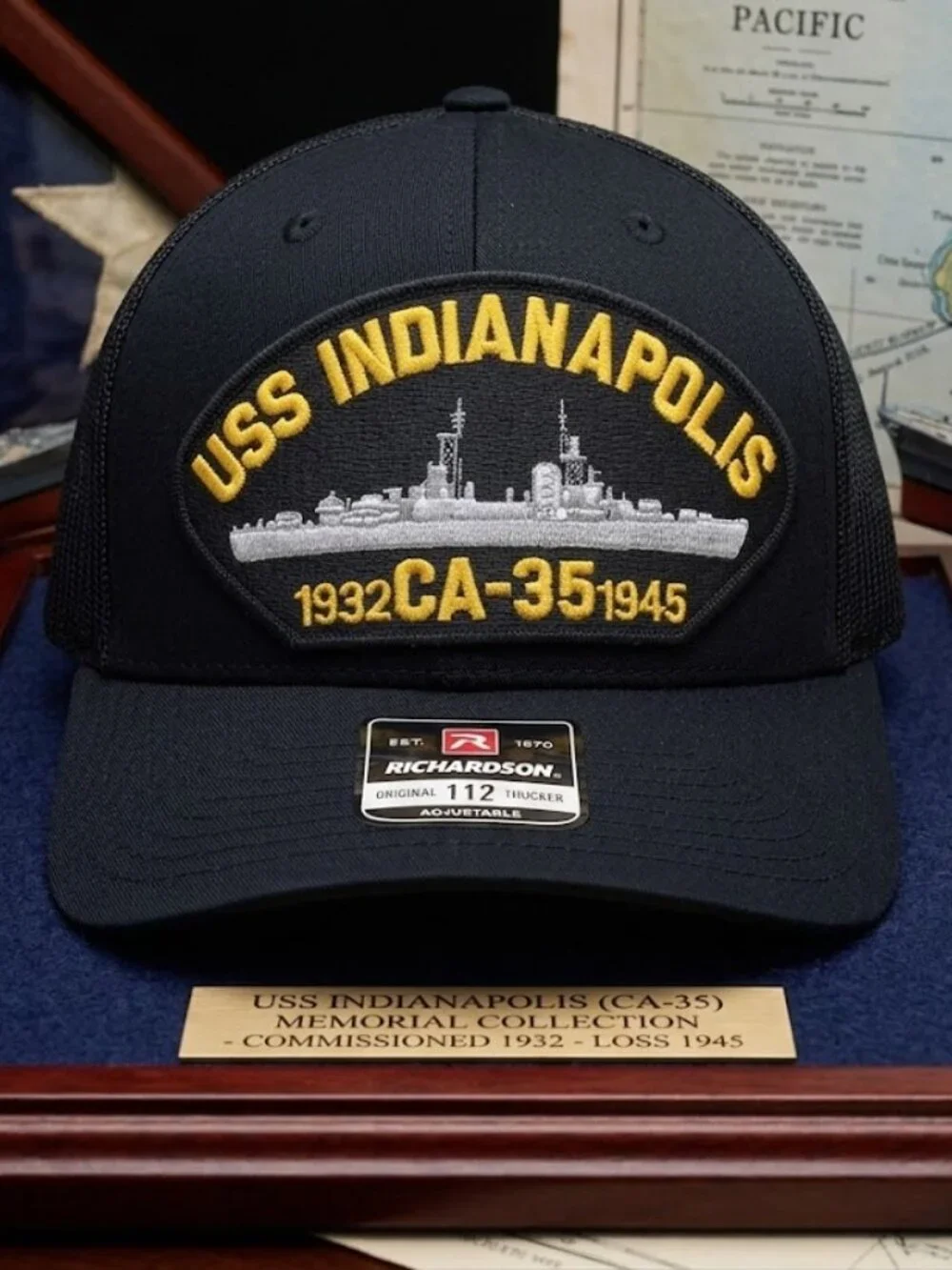 Retro USS Indianapolis CA-35 Navy Patch Hat Richardson 112 Black Trucker New WW2